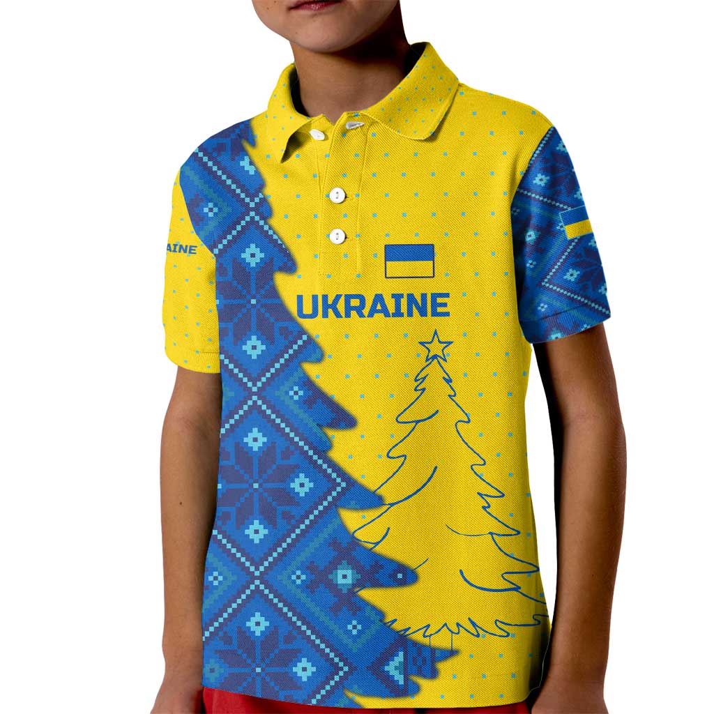 Ukraine Christmas Kid Polo Shirt with Yellow and Blue Tree Design and Traditional Embroidery - Wonder Print Shop