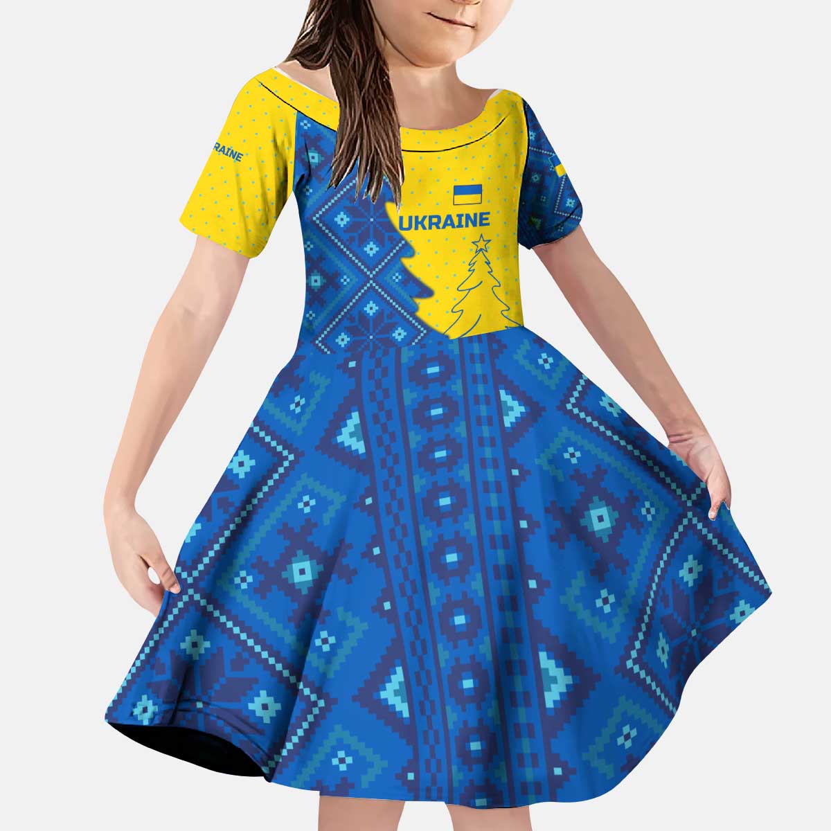 Ukraine Christmas Kid Short Sleeve Dress with Yellow and Blue Tree Design and Traditional Embroidery - Wonder Print Shop