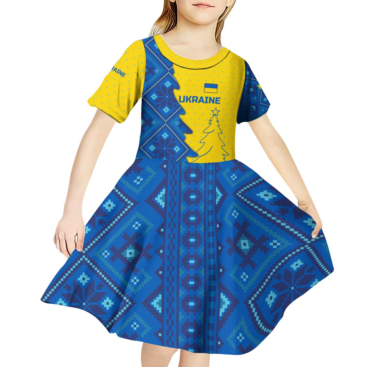 Ukraine Christmas Kid Short Sleeve Dress with Yellow and Blue Tree Design and Traditional Embroidery - Wonder Print Shop