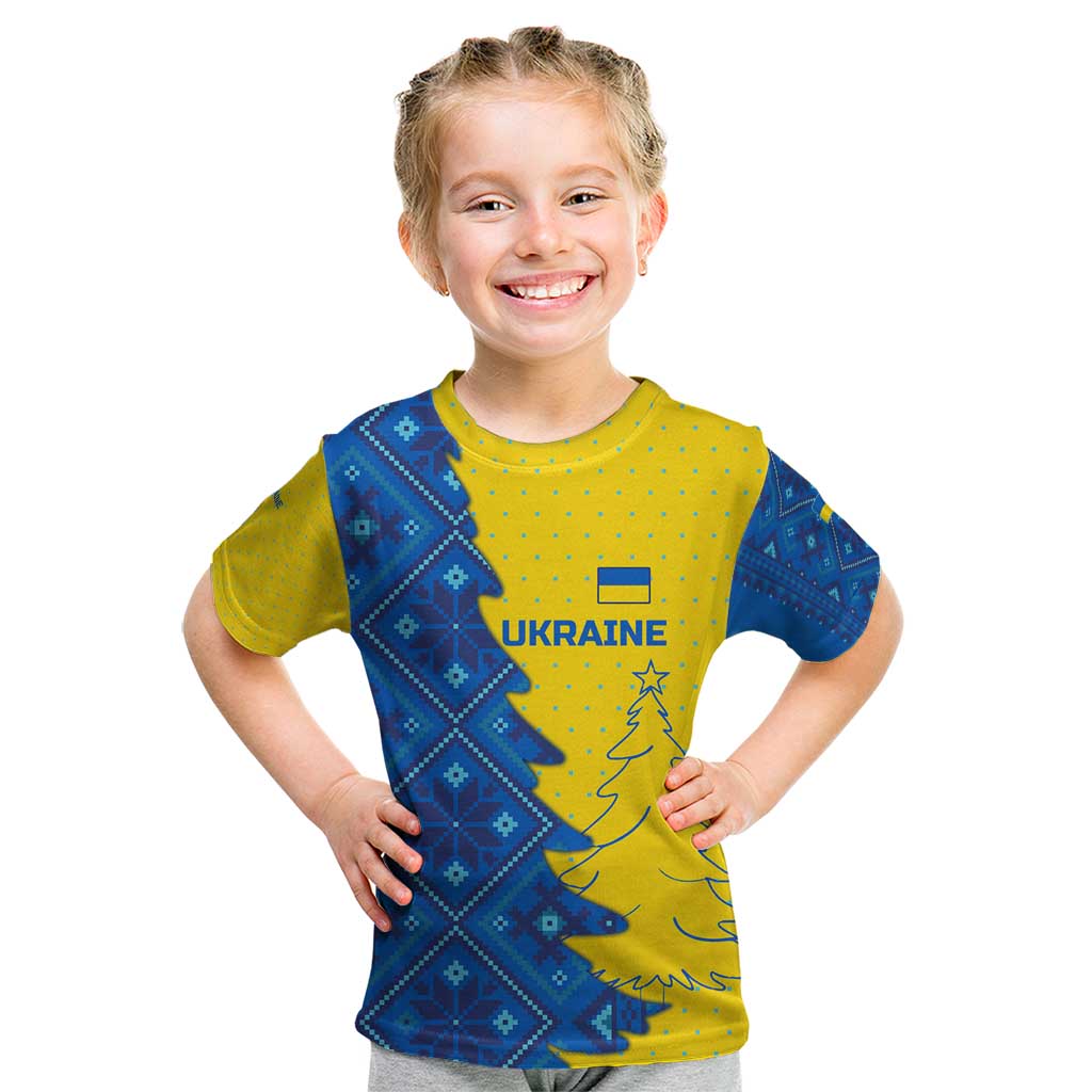 Ukraine Christmas Kid T Shirt with Yellow and Blue Tree Design and Traditional Embroidery - Wonder Print Shop