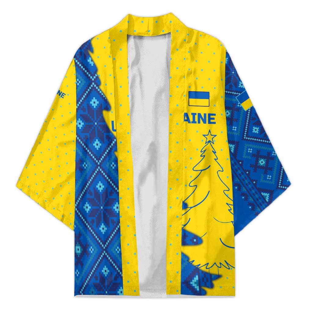 Ukraine Christmas Kimono with Yellow and Blue Tree Design and Traditional Embroidery - Wonder Print Shop