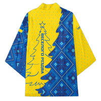 Ukraine Christmas Kimono with Yellow and Blue Tree Design and Traditional Embroidery - Wonder Print Shop