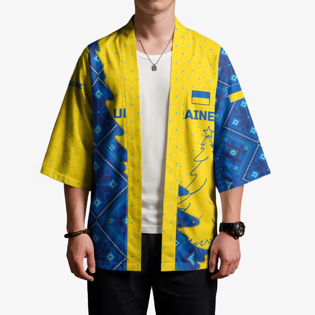 Ukraine Christmas Kimono with Yellow and Blue Tree Design and Traditional Embroidery - Wonder Print Shop
