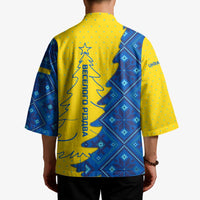 Ukraine Christmas Kimono with Yellow and Blue Tree Design and Traditional Embroidery - Wonder Print Shop
