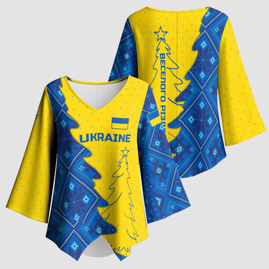 Ukraine Christmas Kimono Sleeve Blouse with Yellow and Blue Tree Design and Traditional Embroidery - Wonder Print Shop