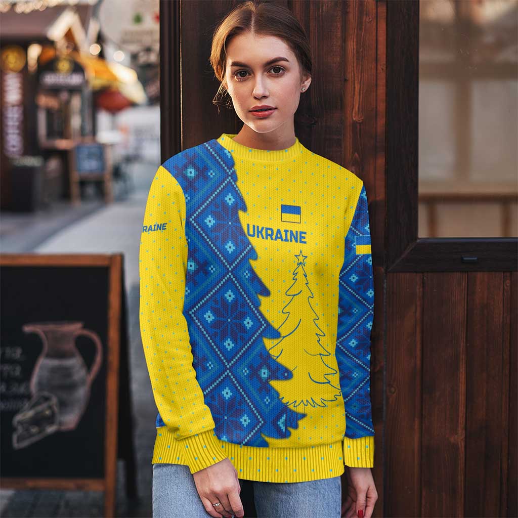 Ukraine Christmas Ugly Christmas Sweater with Yellow and Blue Tree Design and Traditional Embroidery - Wonder Print Shop