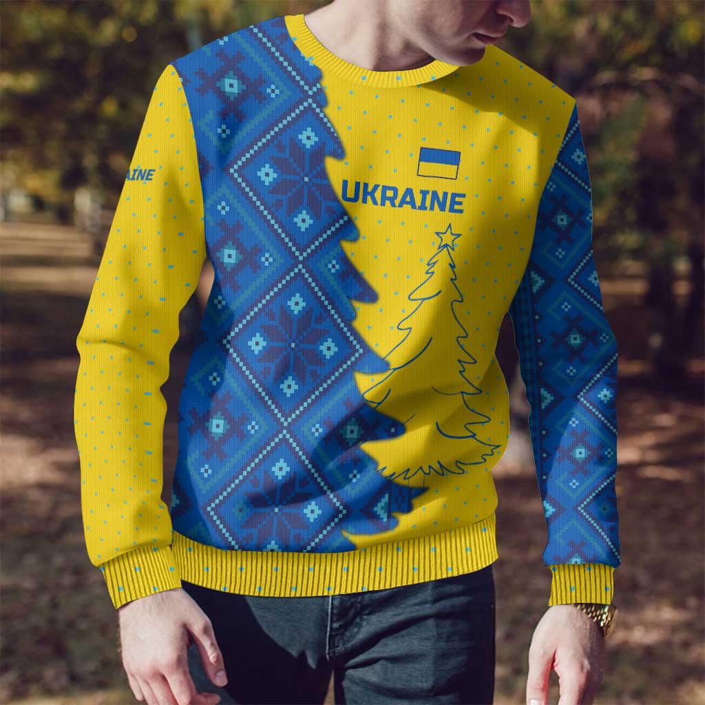 Ukraine Christmas Ugly Christmas Sweater with Yellow and Blue Tree Design and Traditional Embroidery - Wonder Print Shop