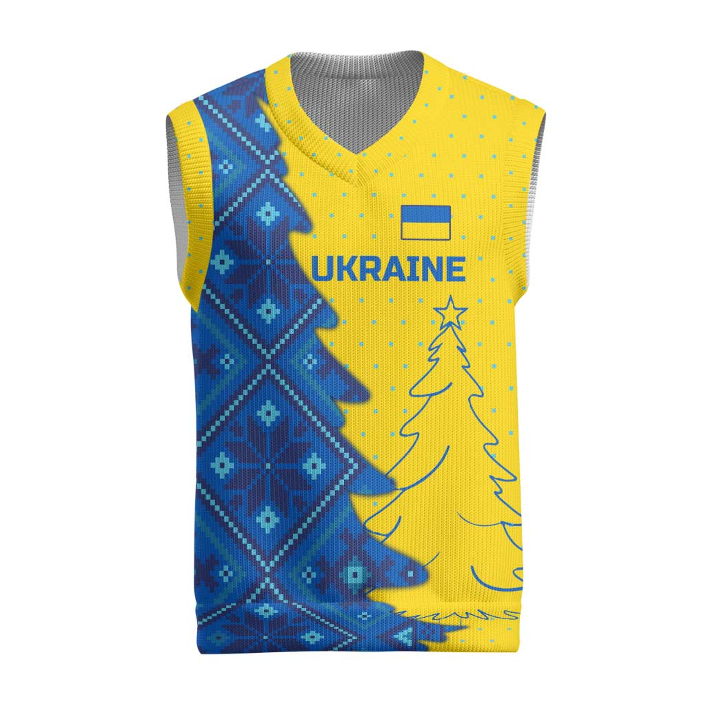 Ukraine Christmas Knitted V-Neck Vest with Yellow and Blue Tree Design and Traditional Embroidery - Wonder Print Shop