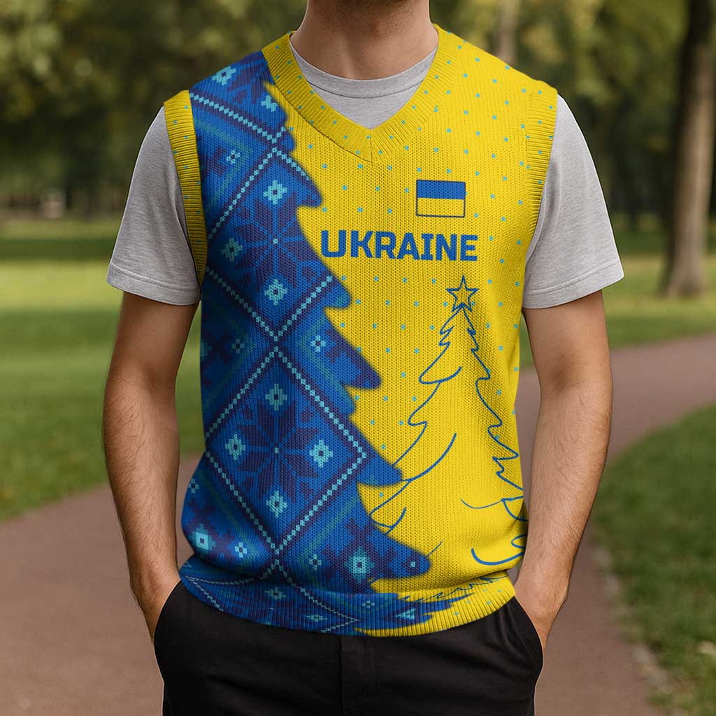 Ukraine Christmas Knitted V-Neck Vest with Yellow and Blue Tree Design and Traditional Embroidery - Wonder Print Shop