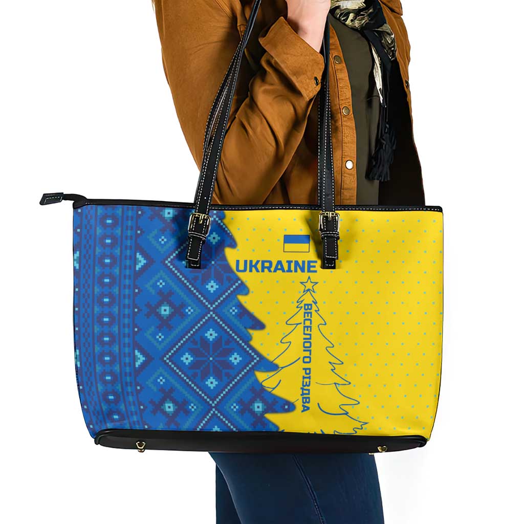 Ukraine Christmas Leather Tote Bag with Yellow and Blue Tree Design and Traditional Embroidery - Wonder Print Shop