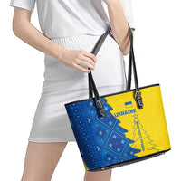 Ukraine Christmas Leather Tote Bag with Yellow and Blue Tree Design and Traditional Embroidery - Wonder Print Shop