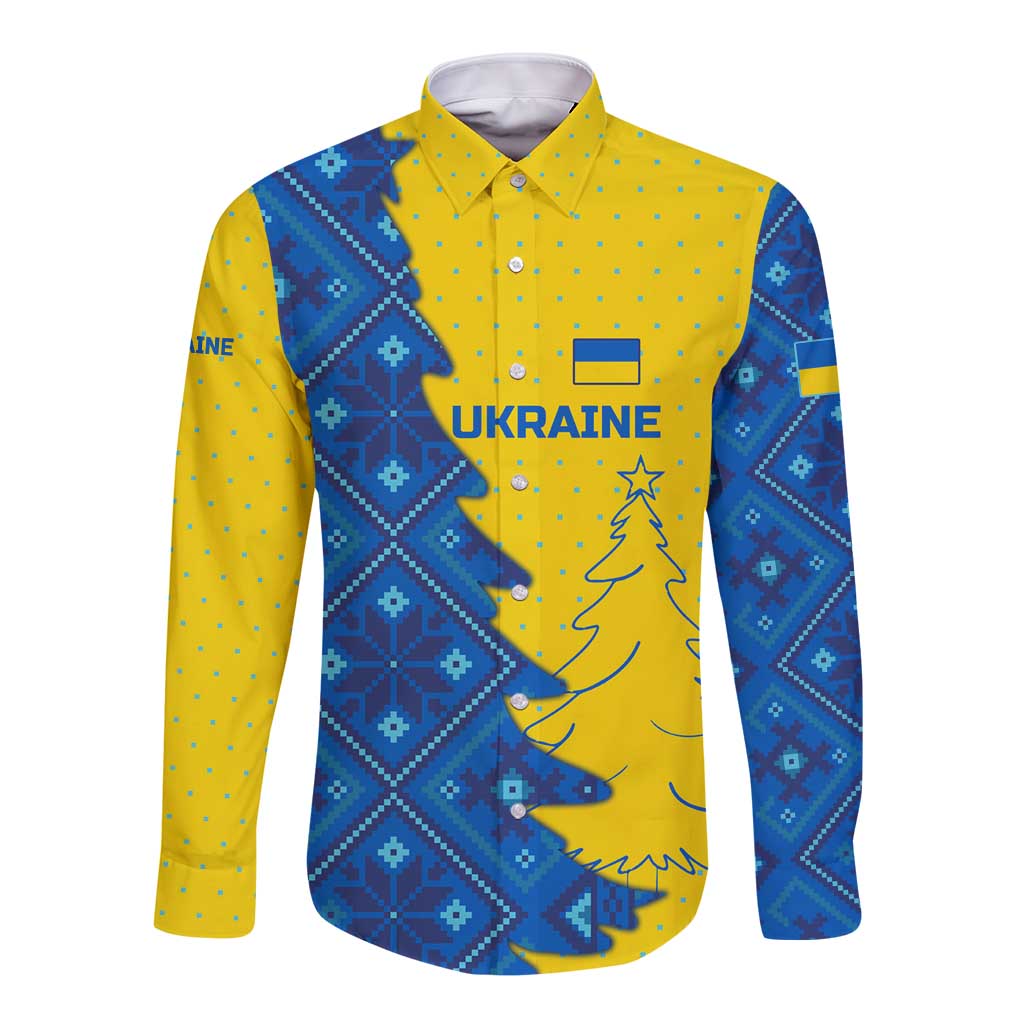 Ukraine Christmas Long Sleeve Button Shirt with Yellow and Blue Tree Design and Traditional Embroidery - Wonder Print Shop
