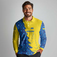 Ukraine Christmas Long Sleeve Polo Shirt with Yellow and Blue Tree Design and Traditional Embroidery - Wonder Print Shop