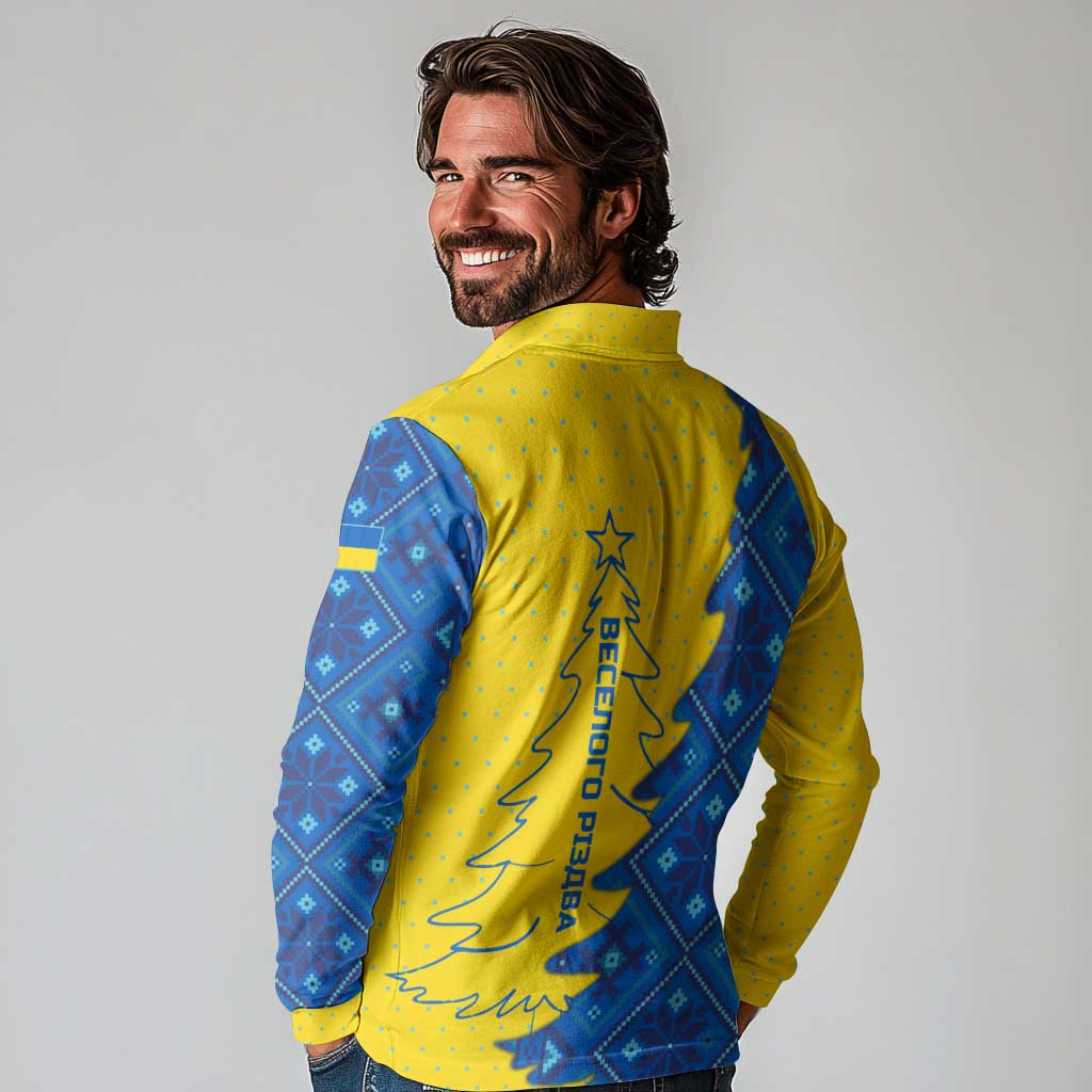 Ukraine Christmas Long Sleeve Polo Shirt with Yellow and Blue Tree Design and Traditional Embroidery - Wonder Print Shop