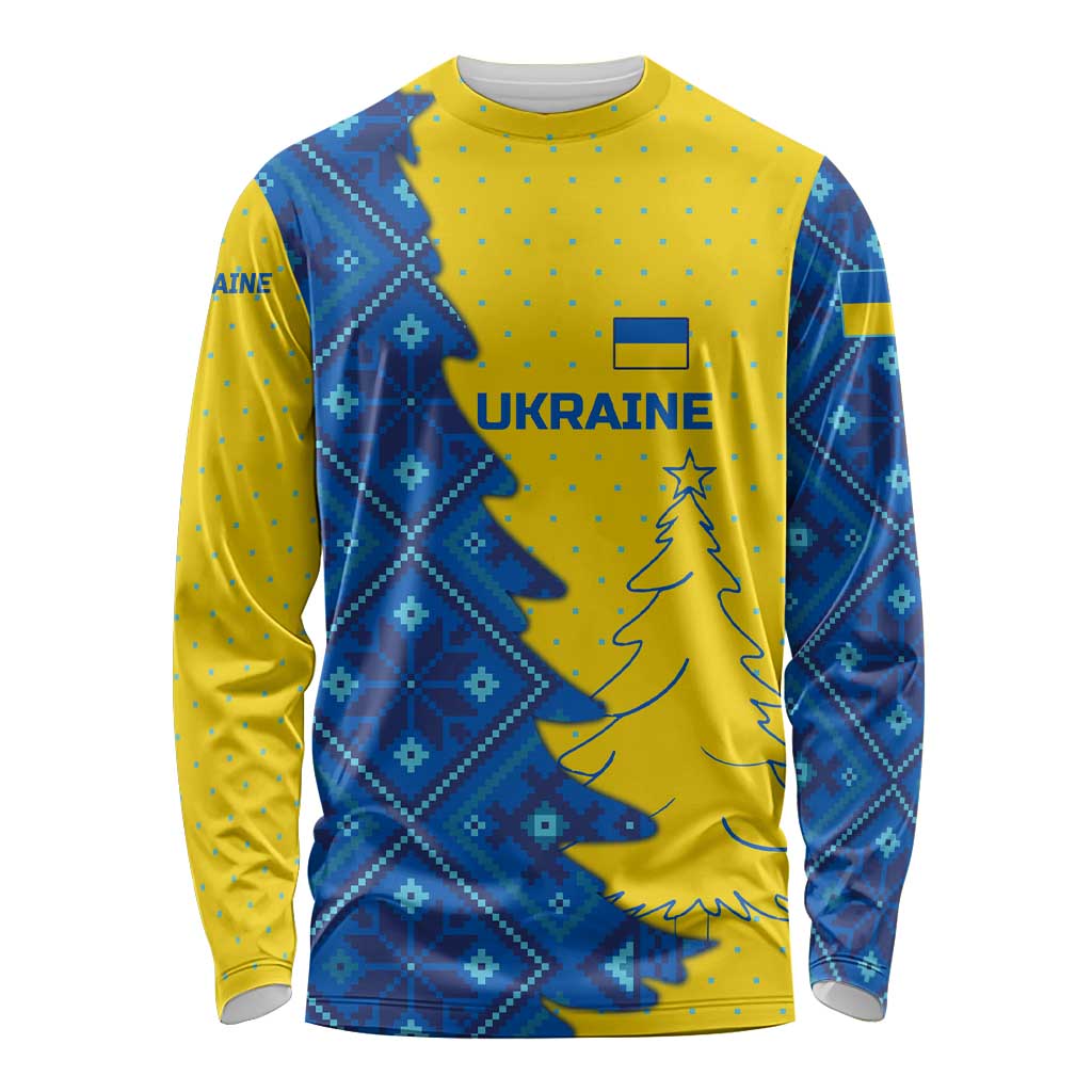Ukraine Christmas Long Sleeve Shirt with Yellow and Blue Tree Design and Traditional Embroidery - Wonder Print Shop