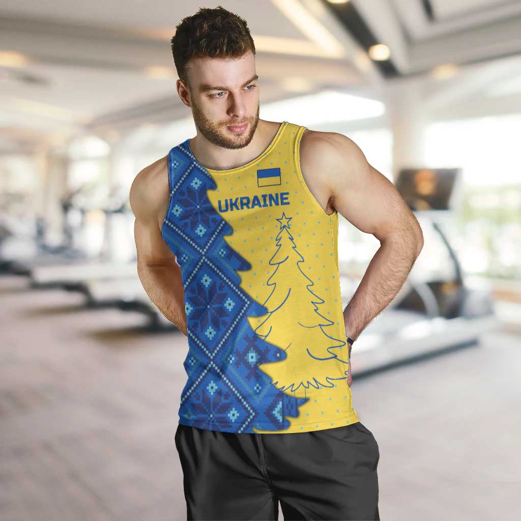 Ukraine Christmas Men Tank Top with Yellow and Blue Tree Design and Traditional Embroidery - Wonder Print Shop