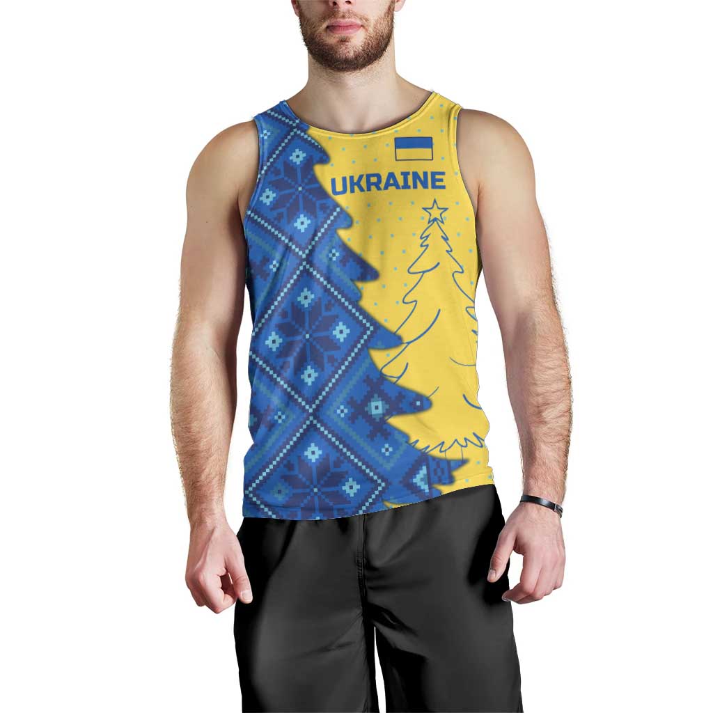 Ukraine Christmas Men Tank Top with Yellow and Blue Tree Design and Traditional Embroidery - Wonder Print Shop