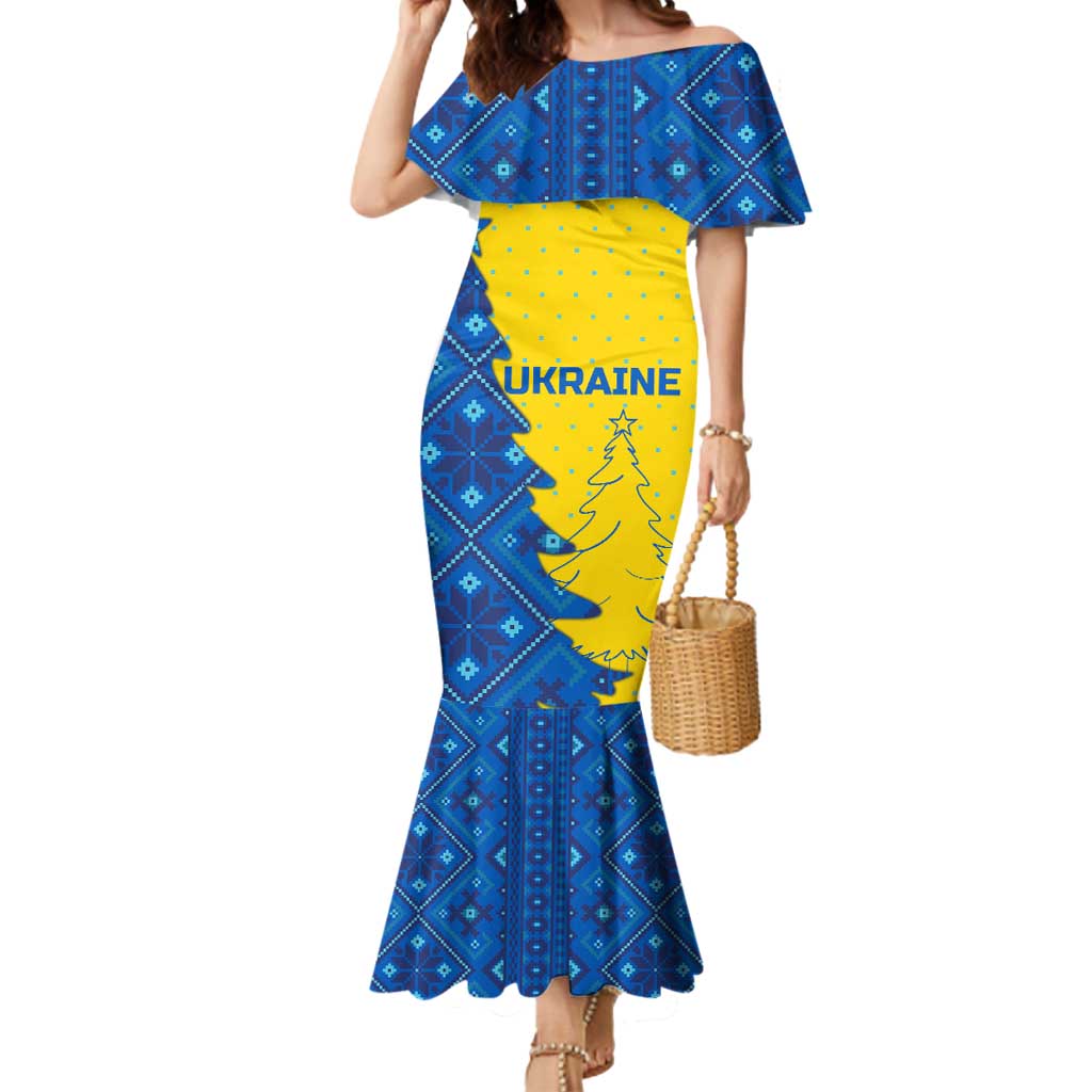 Ukraine Christmas Mermaid Dress with Yellow and Blue Tree Design and Traditional Embroidery - Wonder Print Shop