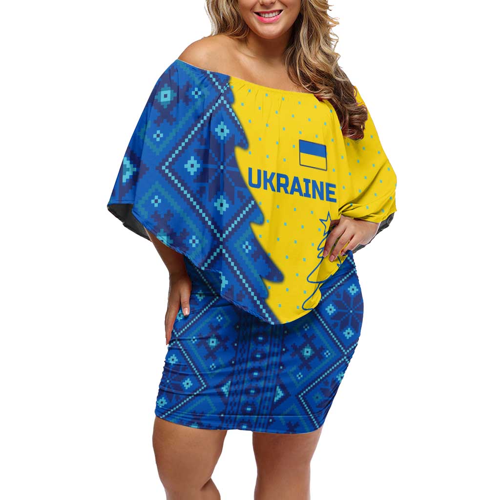 Ukraine Christmas Off Shoulder Short Dress with Yellow and Blue Tree Design and Traditional Embroidery - Wonder Print Shop