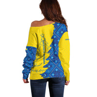 Ukraine Christmas Off Shoulder Sweater with Yellow and Blue Tree Design and Traditional Embroidery - Wonder Print Shop