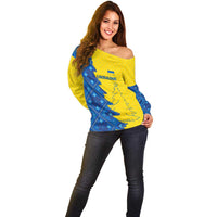 Ukraine Christmas Off Shoulder Sweater with Yellow and Blue Tree Design and Traditional Embroidery - Wonder Print Shop
