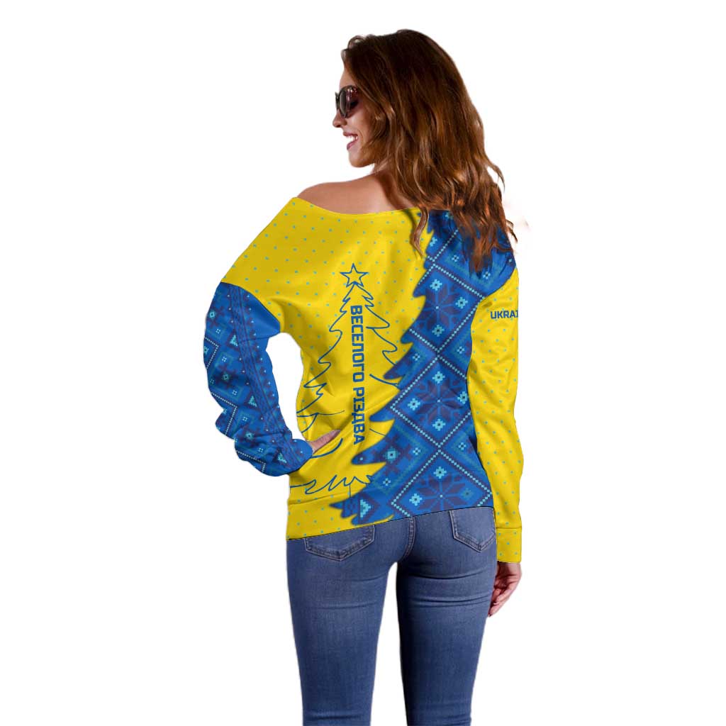 Ukraine Christmas Off Shoulder Sweater with Yellow and Blue Tree Design and Traditional Embroidery - Wonder Print Shop