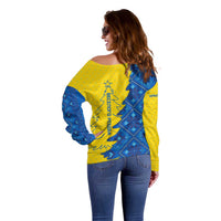 Ukraine Christmas Off Shoulder Sweater with Yellow and Blue Tree Design and Traditional Embroidery - Wonder Print Shop