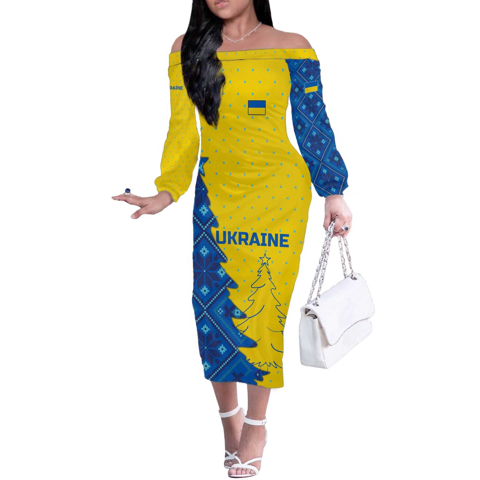 Ukraine Christmas Off The Shoulder Long Sleeve Dress with Yellow and Blue Tree Design and Traditional Embroidery - Wonder Print Shop