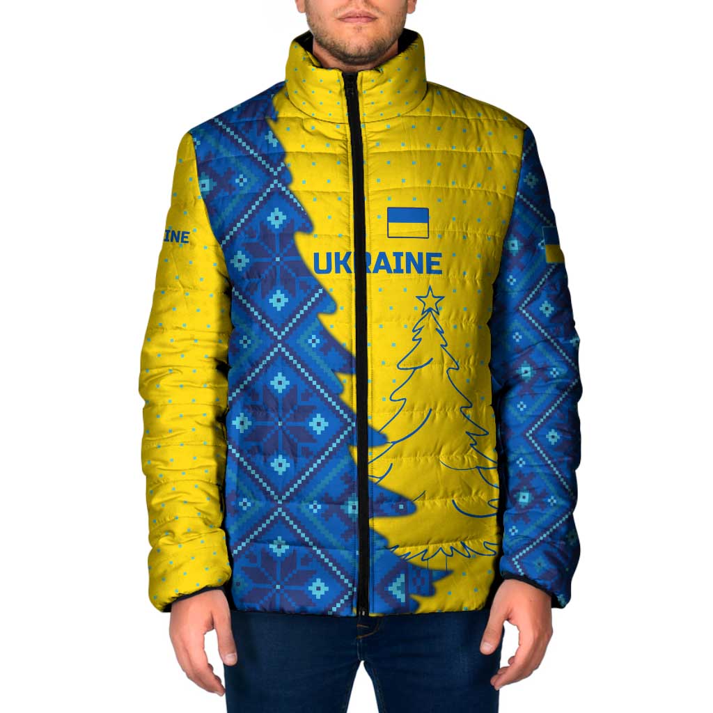 Ukraine Christmas Padded Jacket with Yellow and Blue Tree Design and Traditional Embroidery - Wonder Print Shop