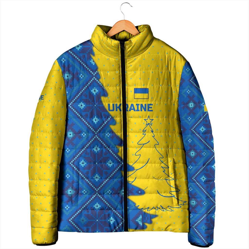 Ukraine Christmas Padded Jacket with Yellow and Blue Tree Design and Traditional Embroidery - Wonder Print Shop