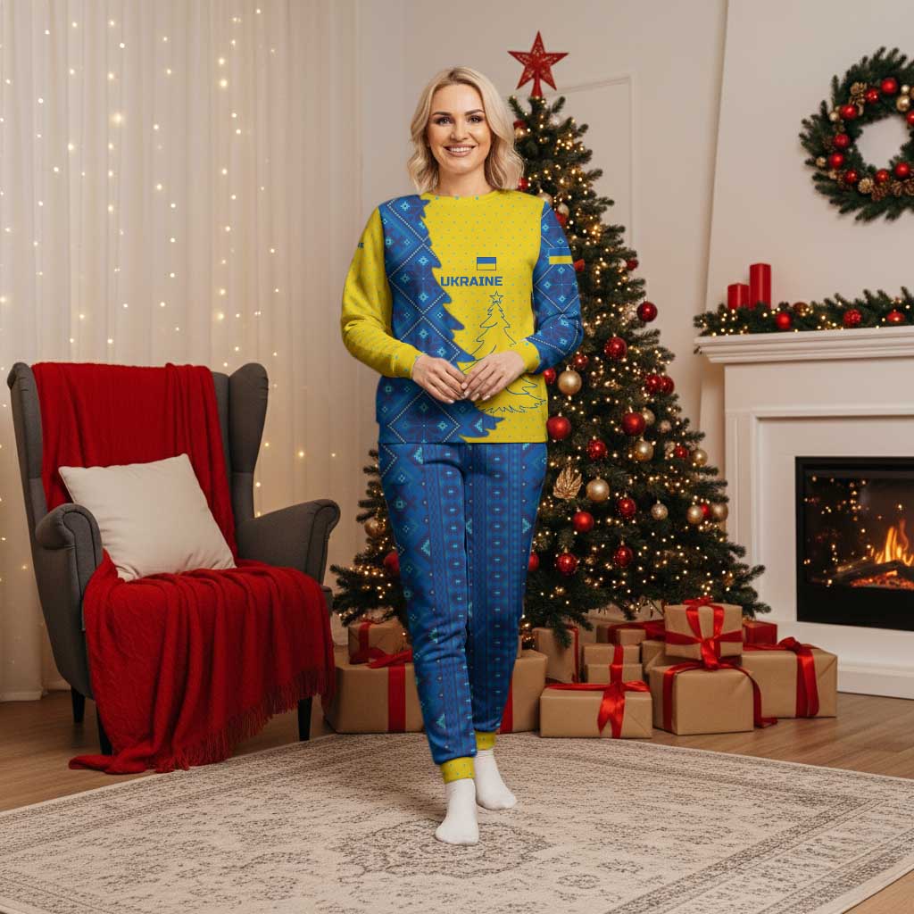 Ukraine Christmas Pajama Set with Yellow and Blue Tree Design and Traditional Embroidery - Wonder Print Shop