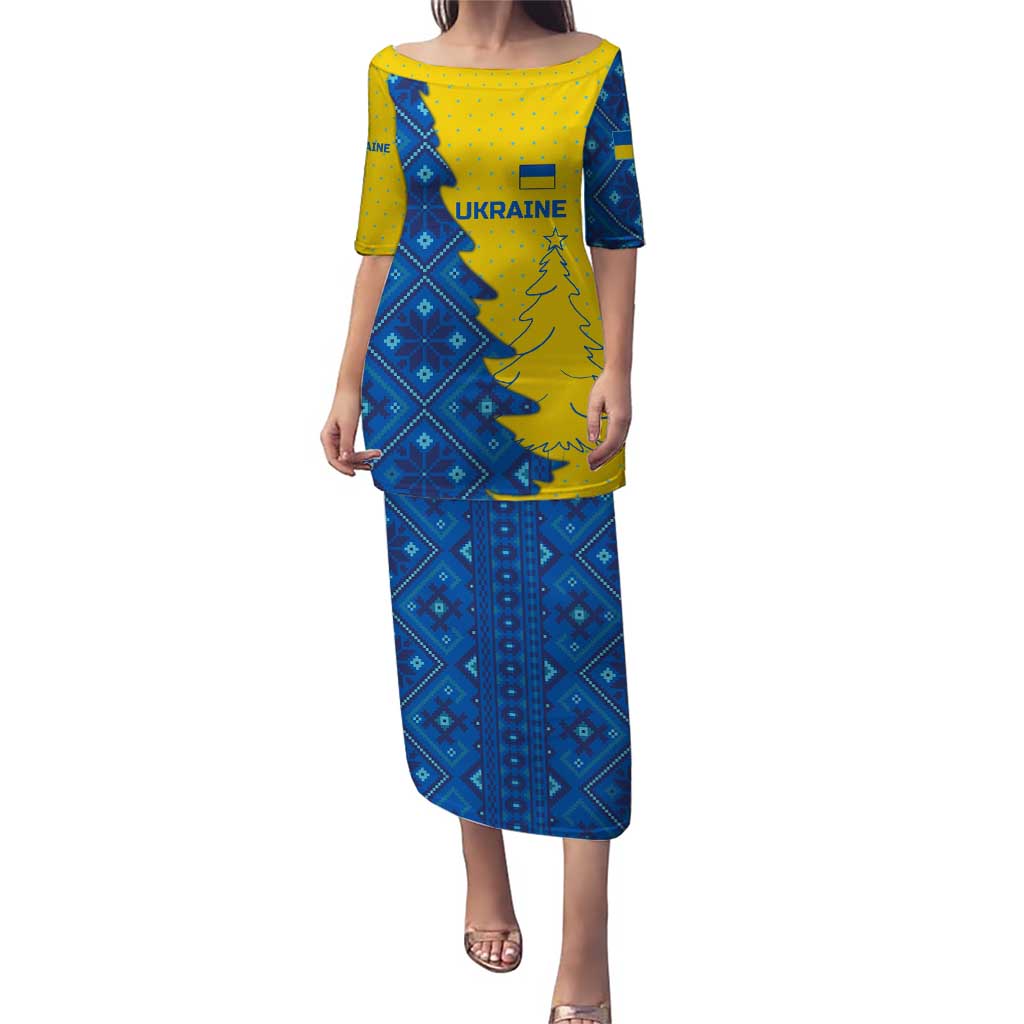 Ukraine Christmas Puletasi with Yellow and Blue Tree Design and Traditional Embroidery - Wonder Print Shop