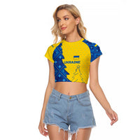 Ukraine Christmas Raglan Cropped T Shirt with Yellow and Blue Tree Design and Traditional Embroidery - Wonder Print Shop