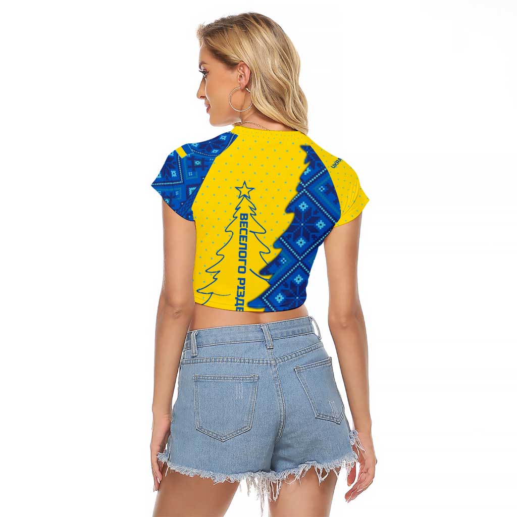 Ukraine Christmas Raglan Cropped T Shirt with Yellow and Blue Tree Design and Traditional Embroidery - Wonder Print Shop