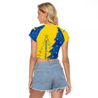 Ukraine Christmas Raglan Cropped T Shirt with Yellow and Blue Tree Design and Traditional Embroidery - Wonder Print Shop