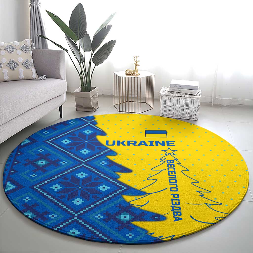 Ukraine Christmas Round Carpet with Yellow and Blue Tree Design and Traditional Embroidery - Wonder Print Shop