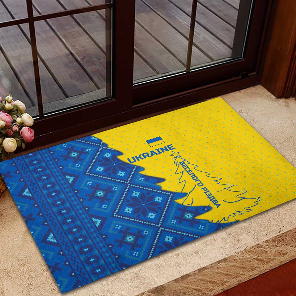 Ukraine Christmas Rubber Doormat with Yellow and Blue Tree Design and Traditional Embroidery - Wonder Print Shop