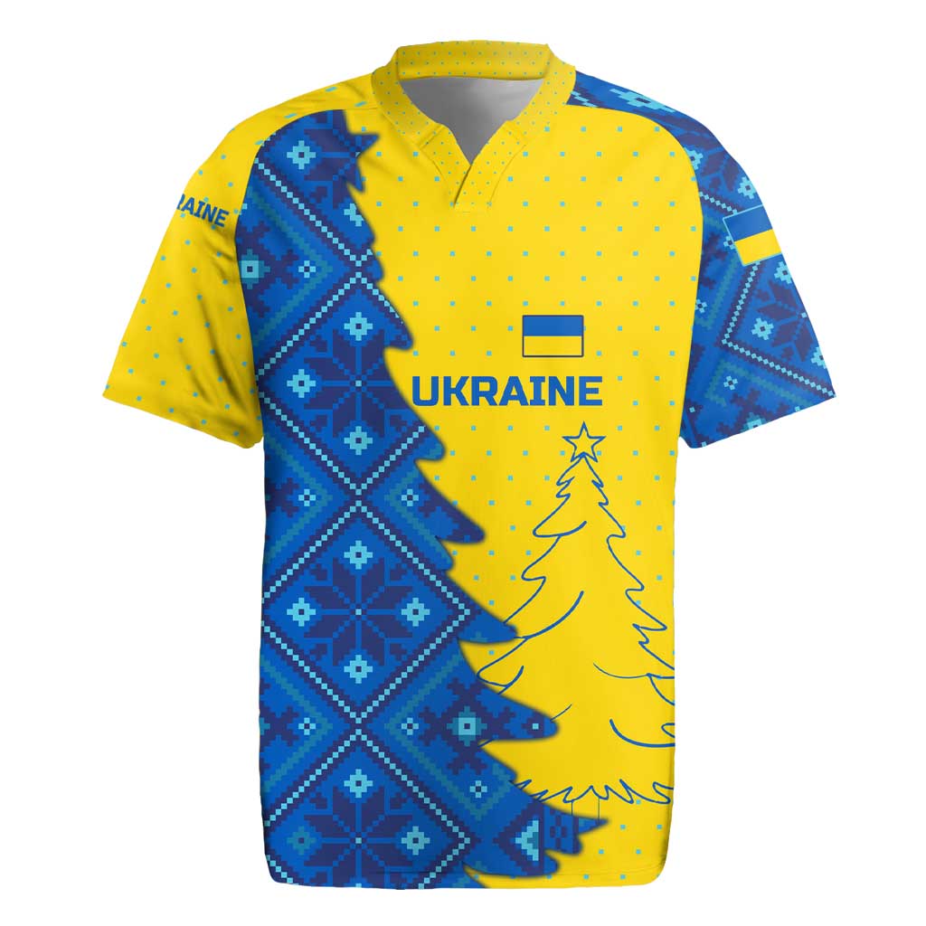 Ukraine Christmas Rugby Jersey with Yellow and Blue Tree Design and Traditional Embroidery - Wonder Print Shop
