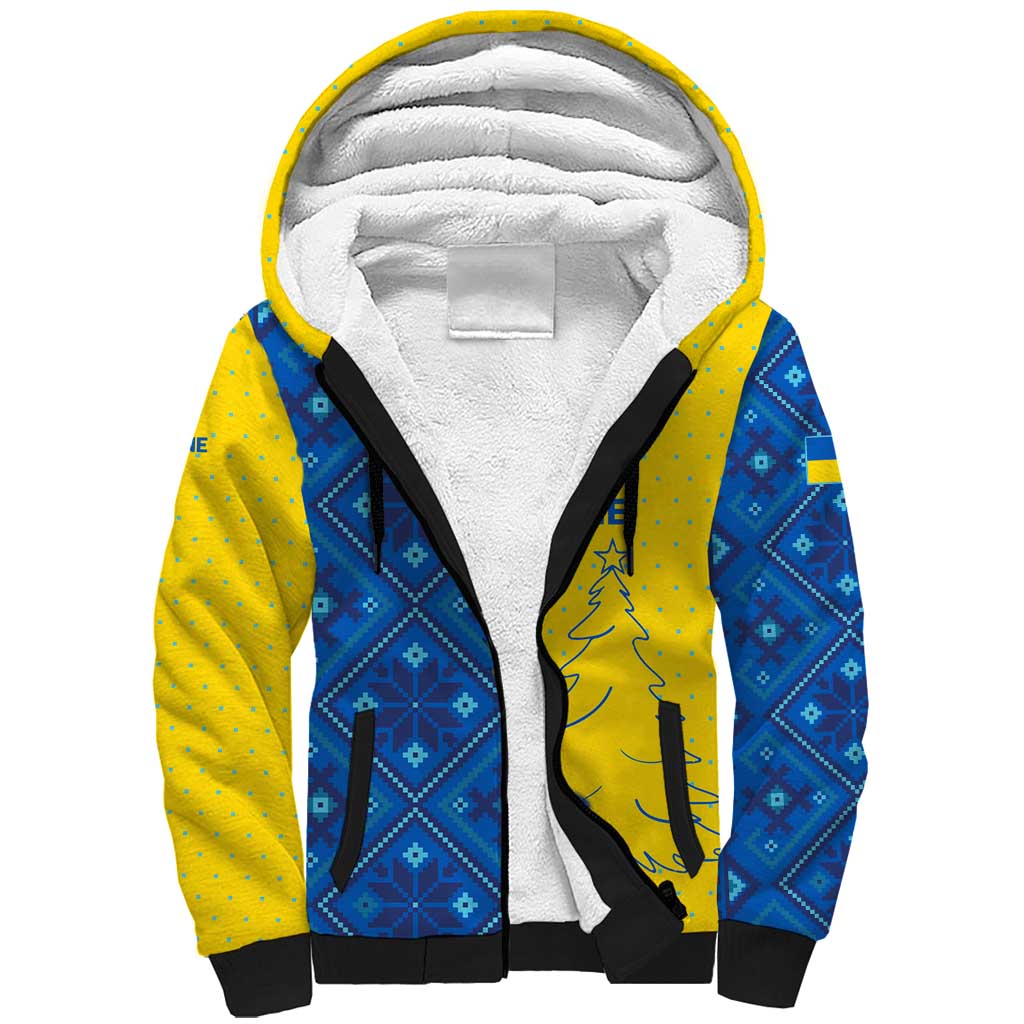 Ukraine Christmas Sherpa Hoodie with Yellow and Blue Tree Design and Traditional Embroidery - Wonder Print Shop