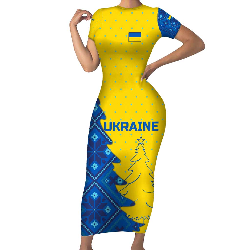 Ukraine Christmas Short Sleeve Bodycon Dress with Yellow and Blue Tree Design and Traditional Embroidery - Wonder Print Shop