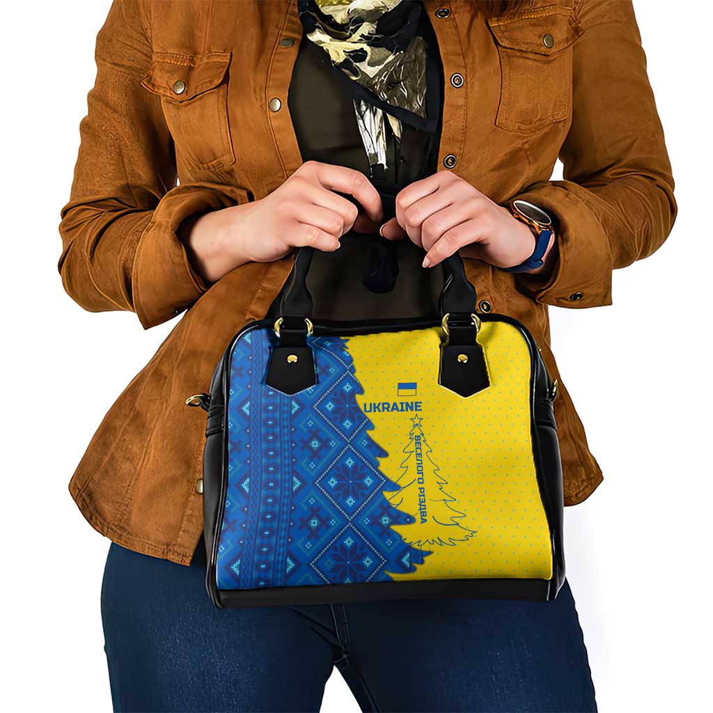 Ukraine Christmas Shoulder Handbag with Yellow and Blue Tree Design and Traditional Embroidery - Wonder Print Shop