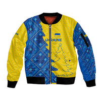 Ukraine Christmas Sleeve Zip Bomber Jacket with Yellow and Blue Tree Design and Traditional Embroidery - Wonder Print Shop