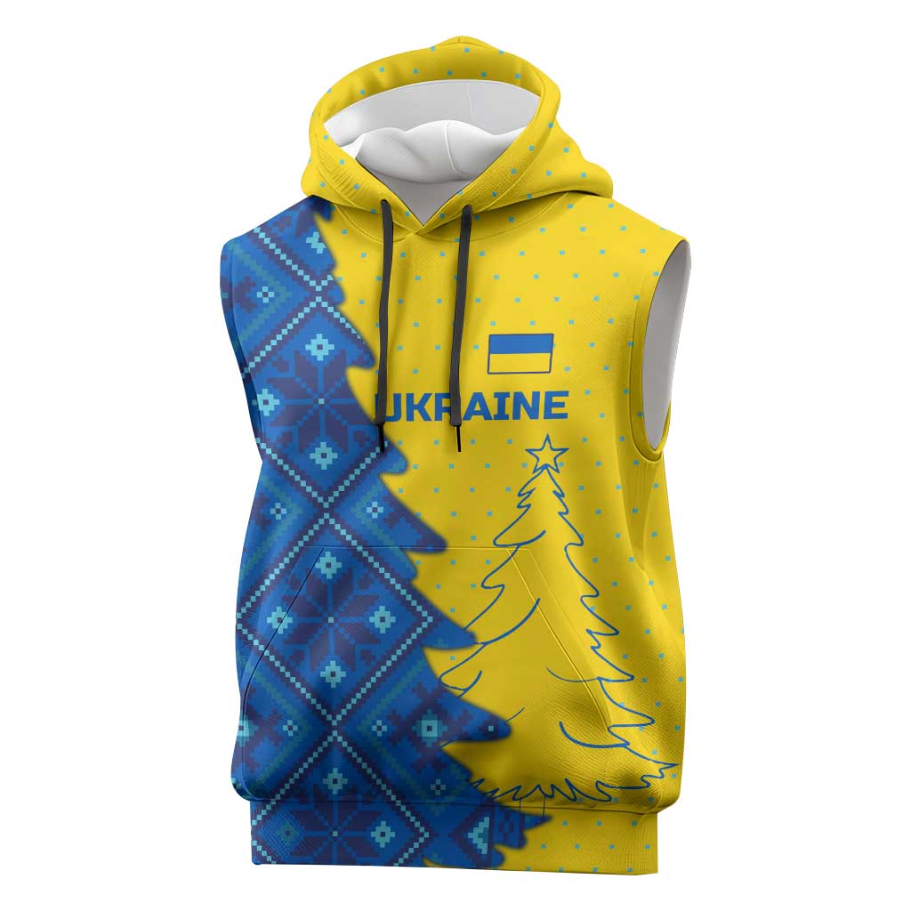 Ukraine Christmas Sleeveless Hoodie with Yellow and Blue Tree Design and Traditional Embroidery - Wonder Print Shop
