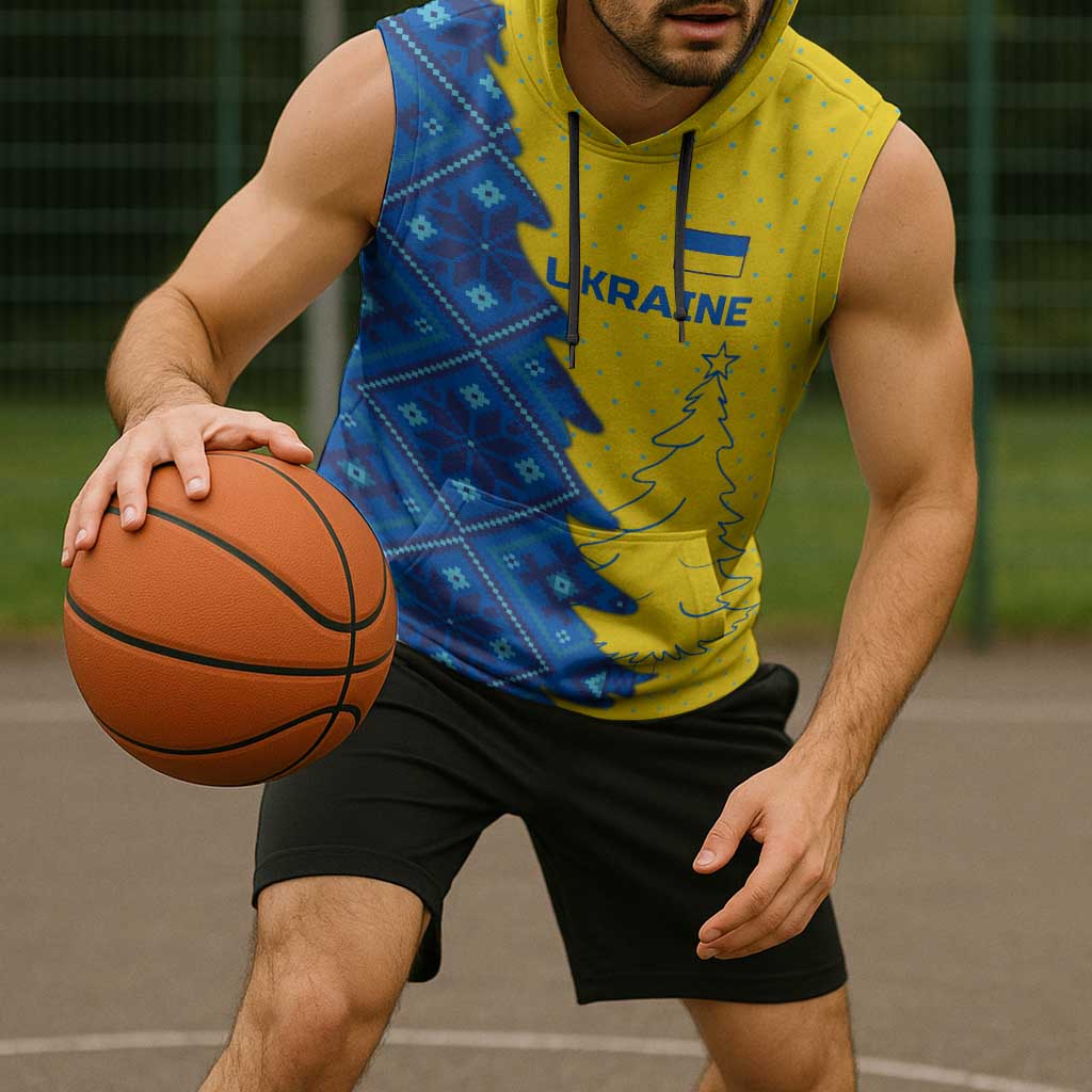 Ukraine Christmas Sleeveless Hoodie with Yellow and Blue Tree Design and Traditional Embroidery - Wonder Print Shop