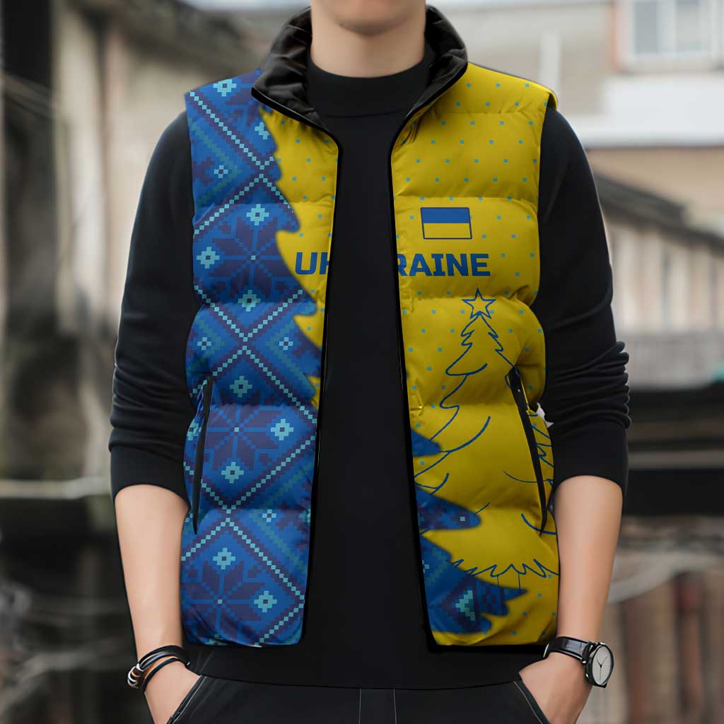 Ukraine Christmas Sleeveless Puffer Jacket with Yellow and Blue Tree Design and Traditional Embroidery - Wonder Print Shop