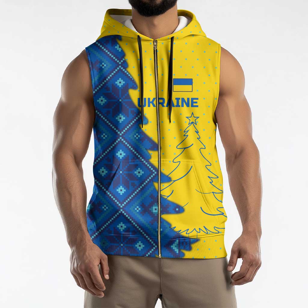 Ukraine Christmas Sleeveless Zip Hoodie with Yellow and Blue Tree Design and Traditional Embroidery - Wonder Print Shop