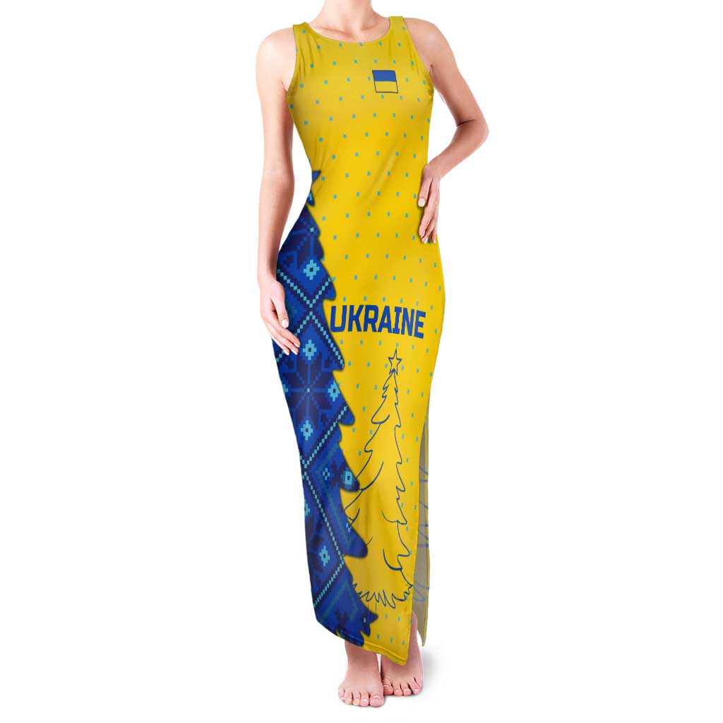 Ukraine Christmas Tank Maxi Dress with Yellow and Blue Tree Design and Traditional Embroidery - Wonder Print Shop