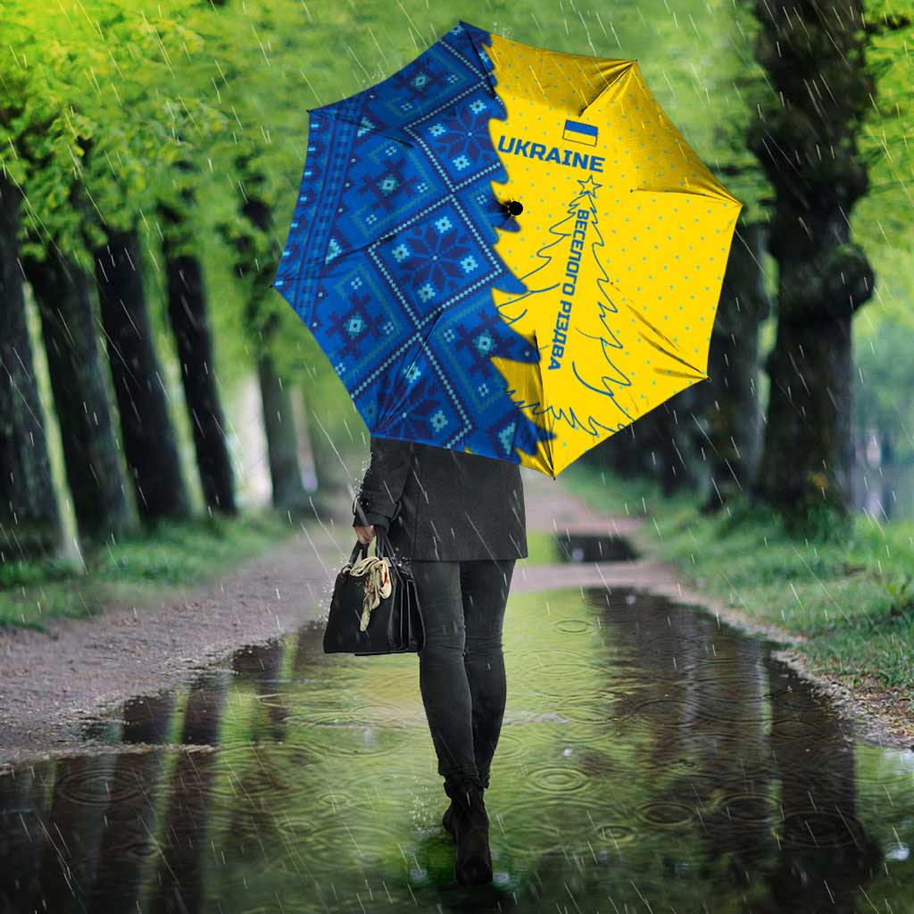 Ukraine Christmas Umbrella with Yellow and Blue Tree Design and Traditional Embroidery - Wonder Print Shop