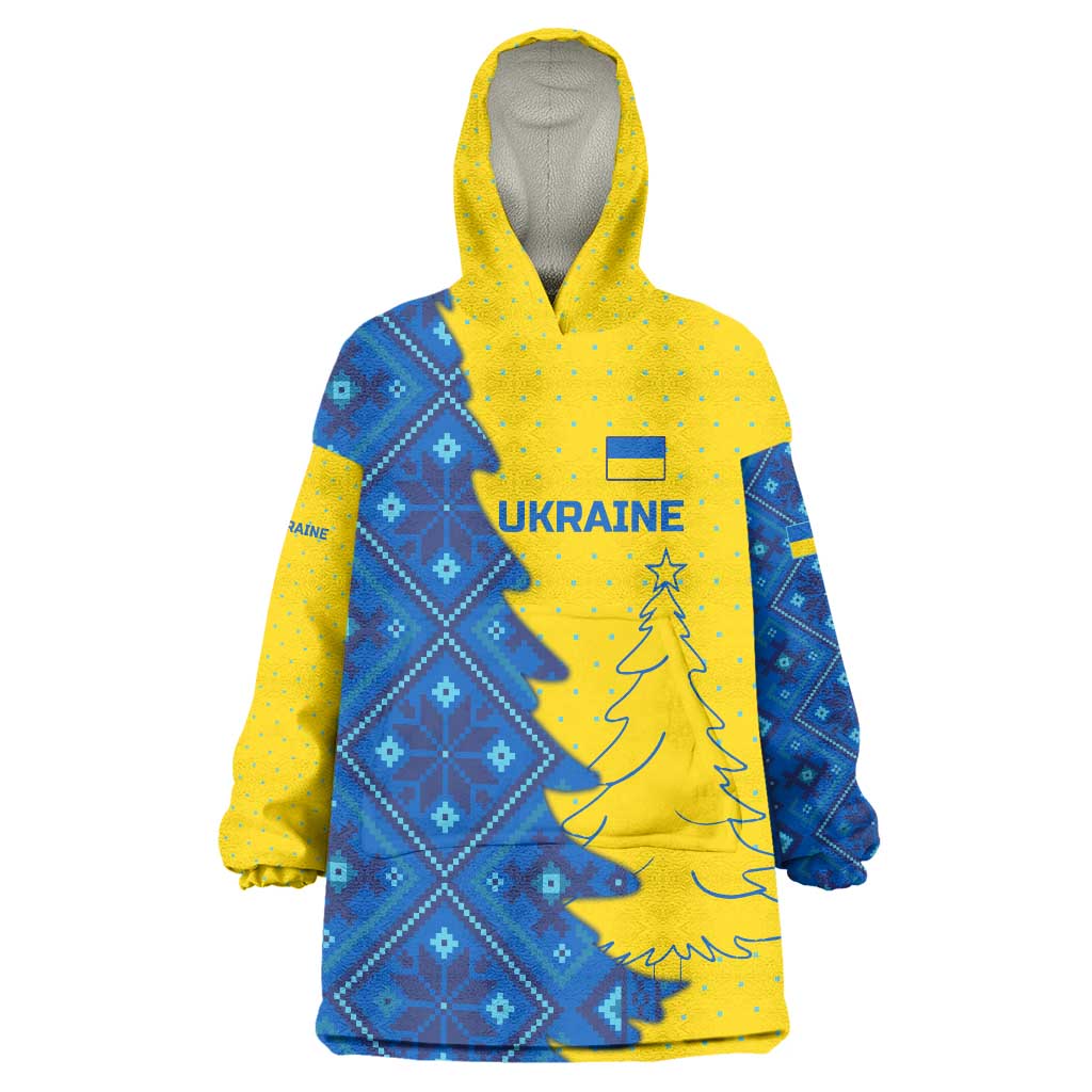 Ukraine Christmas Wearable Blanket Hoodie with Yellow and Blue Tree Design and Traditional Embroidery - Wonder Print Shop