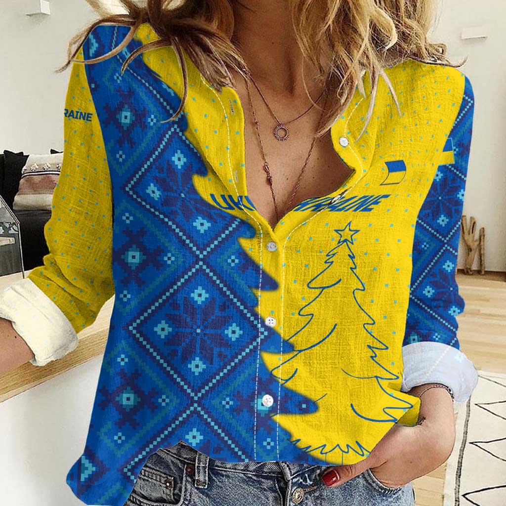 Ukraine Christmas Women Casual Shirt with Yellow and Blue Tree Design and Traditional Embroidery - Wonder Print Shop